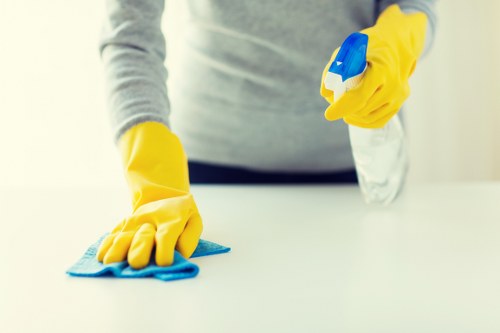 Cleaner wearing PPE during a professional cleaning task