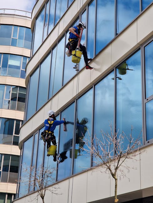 Two professional window cleaners from Bayswater Cleaners are working on the exterior glass facade of a modern multi-storey office building with reflective windows. One cleaner, dressed in a blue unifo